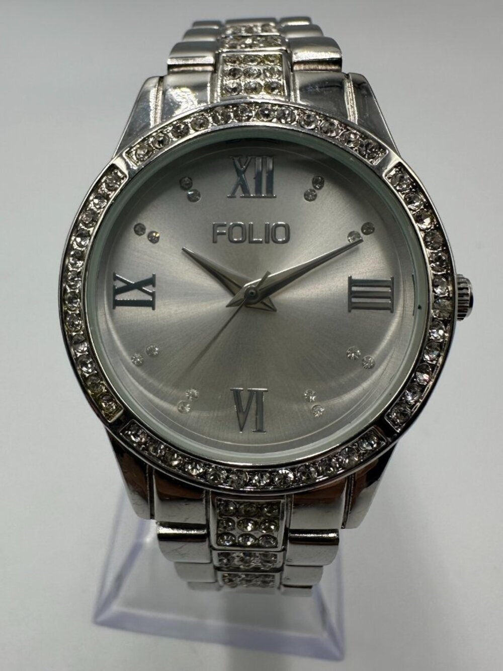3/$30 Folio Watch Women Silver Tone Crystal Bezel Round Dial 31MM 7.5 Inch